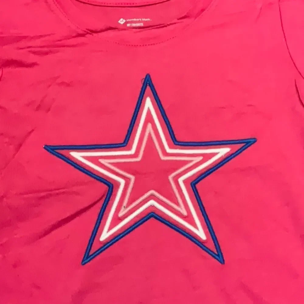 Members mark hot pink, embroidered star figure. Various‎ sizes available.